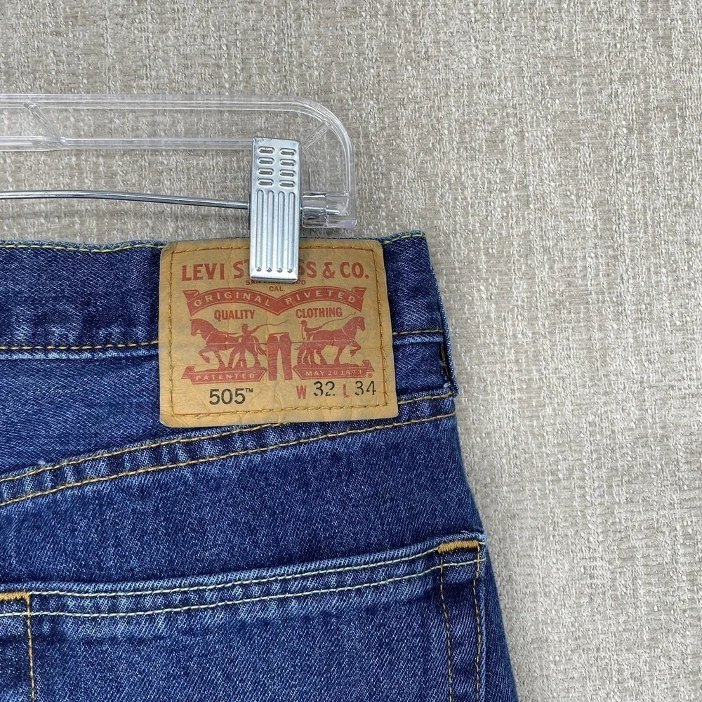 Levis 505 Regular Fit Jeans 32x34 Blue Distressed Raw Hem Straight Leg